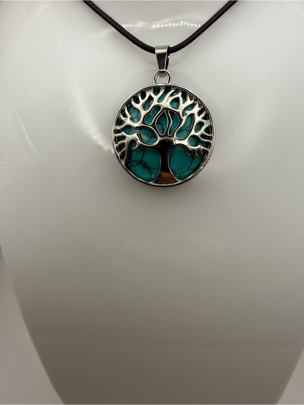 Tree of Life Pendant with Silver-Toned Alloy Bezel and Turquois Stone Black Cord